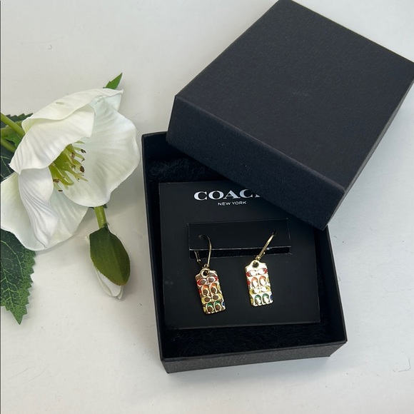 Coach Gold Dangle Earrings with Red,Orange,Yellow,Green “C’s” NWT! - Picture 2 of 13
